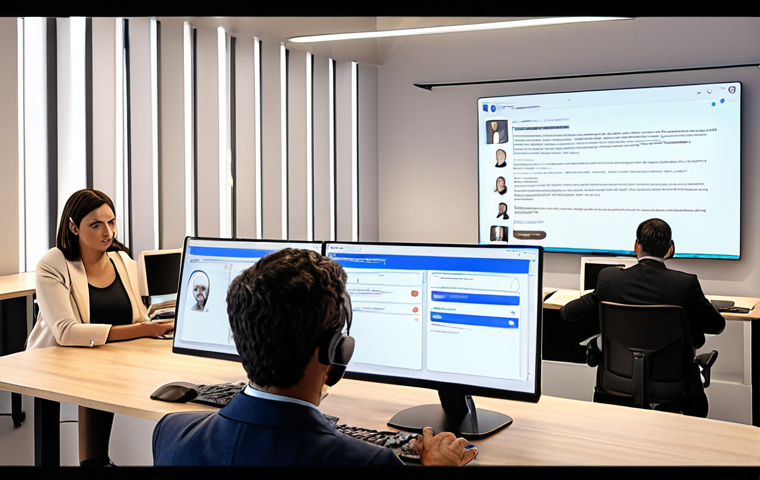 **
A brightly lit, modern consumer rights office in Lisbon. A friendly AI chatbot interface on a large screen assists a diverse group of people with filing complaints and understanding their consumer rights. Lawyers are working at computers in the background. The scene conveys a sense of accessibility and technological advancement in consumer protection.
**
