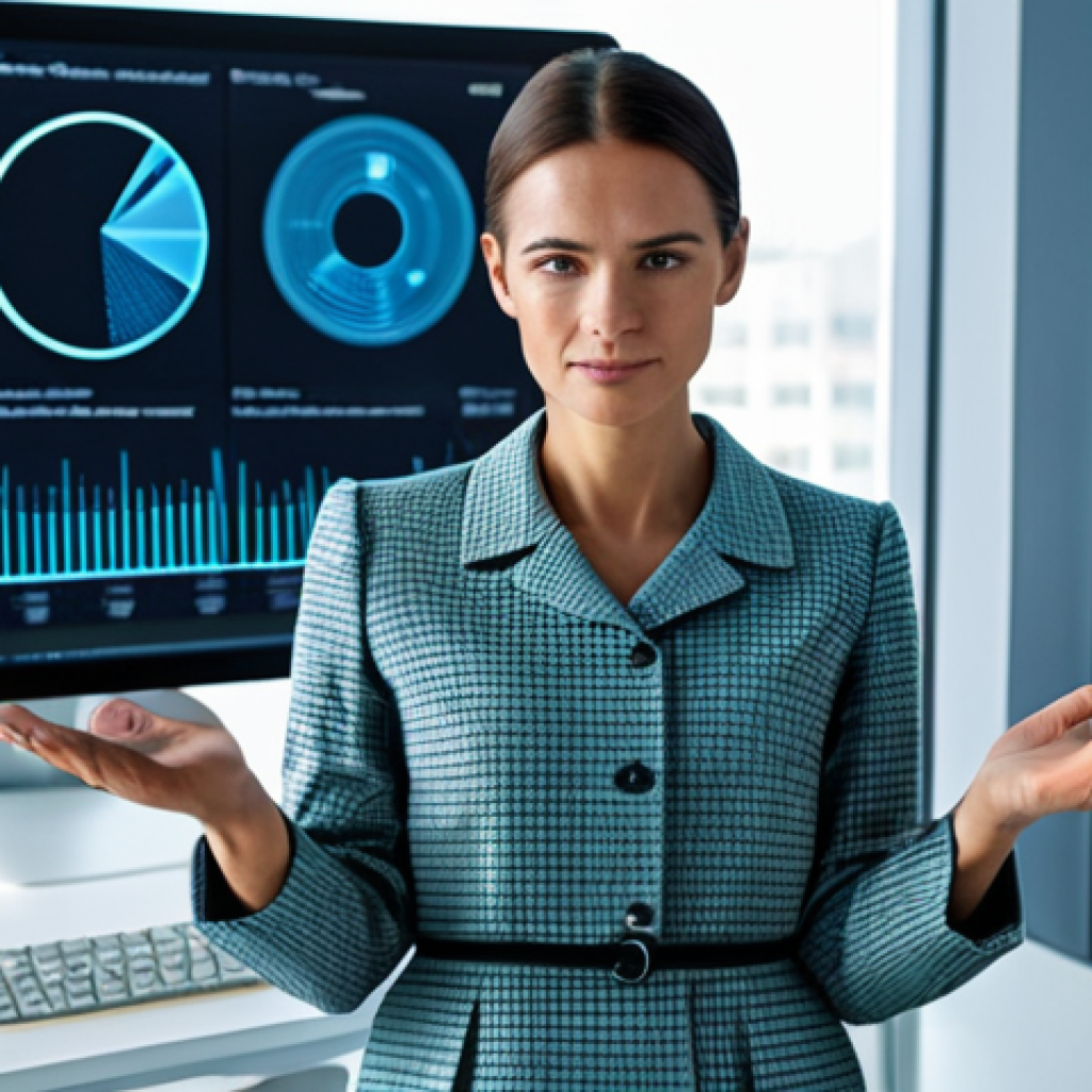 A professional female analyst in a modest business dress, observing holographic data visualizations in a modern, brightly lit tech office. The scene emphasizes digital consumer behavior trends and the complexity of data interpretation. Fully clothed, appropriate attire, safe for work, perfect anatomy, correct proportions, natural pose, well-formed hands, proper finger count, natural body proportions, professional photography, high quality, appropriate content, professional.
