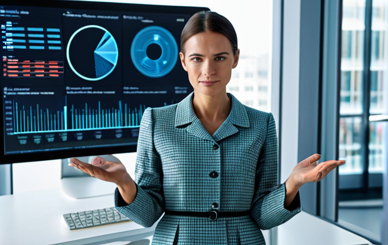 A professional female analyst in a modest business dress, observing holographic data visualizations in a modern, brightly lit tech office. The scene emphasizes digital consumer behavior trends and the complexity of data interpretation. Fully clothed, appropriate attire, safe for work, perfect anatomy, correct proportions, natural pose, well-formed hands, proper finger count, natural body proportions, professional photography, high quality, appropriate content, professional.