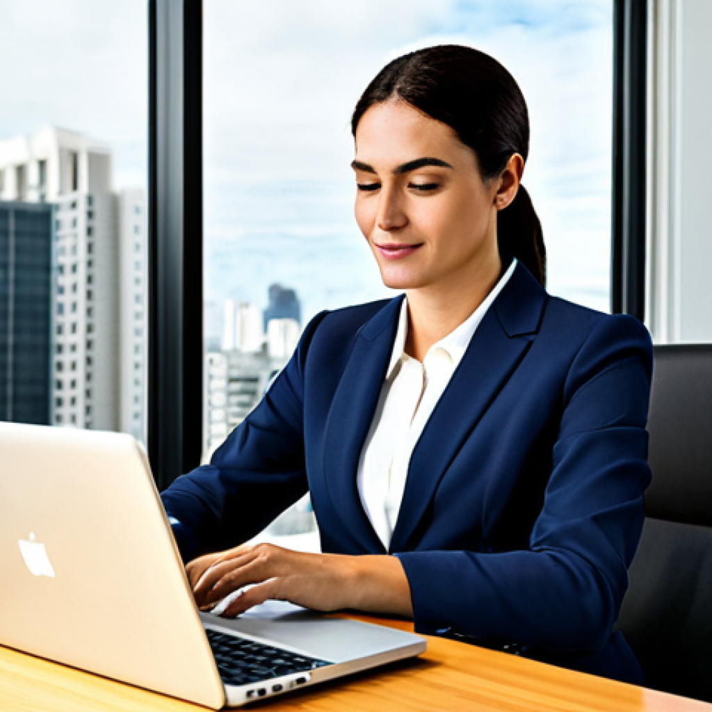 Modern Businesswoman**

"A successful businesswoman in a tailored, modest business suit, working on a laptop in a bright, modern office space in São Paulo, Brazil, fully clothed, appropriate attire, safe for work, perfect anatomy, natural proportions, professional photography, high quality, family-friendly."

**