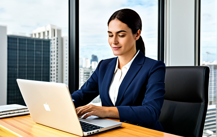 Modern Businesswoman**

"A successful businesswoman in a tailored, modest business suit, working on a laptop in a bright, modern office space in São Paulo, Brazil, fully clothed, appropriate attire, safe for work, perfect anatomy, natural proportions, professional photography, high quality, family-friendly."

**