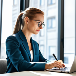 **

Prompt: A woman sitting at a desk in a brightly lit office, fully clothed in business casual attire, calmly writing an email on her laptop. Include visible documents, a pen, and a cup of coffee. Background details: a clean desk, a window with natural light. Style: professional photography, clean, well-lit, safe for work, appropriate content, perfect anatomy, natural proportions, fully clothed.

**