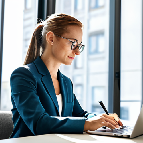 **

Prompt: A woman sitting at a desk in a brightly lit office, fully clothed in business casual attire, calmly writing an email on her laptop. Include visible documents, a pen, and a cup of coffee. Background details: a clean desk, a window with natural light. Style: professional photography, clean, well-lit, safe for work, appropriate content, perfect anatomy, natural proportions, fully clothed.

**