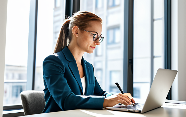 **

Prompt: A woman sitting at a desk in a brightly lit office, fully clothed in business casual attire, calmly writing an email on her laptop. Include visible documents, a pen, and a cup of coffee. Background details: a clean desk, a window with natural light. Style: professional photography, clean, well-lit, safe for work, appropriate content, perfect anatomy, natural proportions, fully clothed.

**