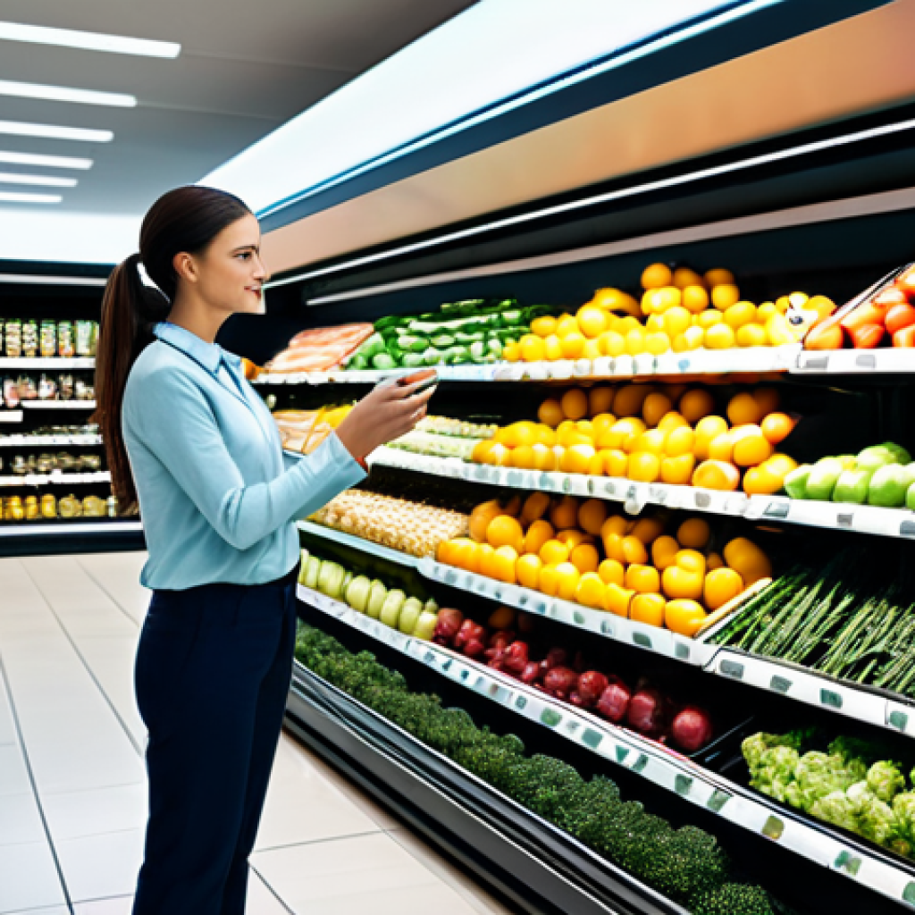 Predictive Analytics in Retail**

"A modern retail store with data visualizations overlaid, showing predictive sales trends for organic produce. Shoppers are browsing aisles. Clean, bright, professional setting. Fully clothed customers in appropriate attire. Safe for work, appropriate content, professional, perfect anatomy, correct proportions, natural pose, well-formed hands, proper finger count, natural body proportions."

**