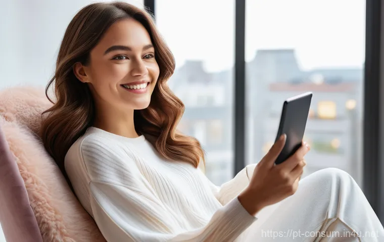 소비자 행동 변화와 디지털 트렌드 - **"A cheerful young woman, approximately 28 years old, with vibrant, shoulder-length wavy brown hair...