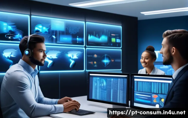 소비자 보호 관련 연구와 실무 적용 사례 분석 - A modern customer service center scene showing a diverse group of professional customer support agen...