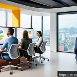 Home 21 소비자 행동 데이터를 활용한 신제품 혁신 전략 연구와 분석 - A modern corporate office environment with diverse professionals collaborating around a large digita...