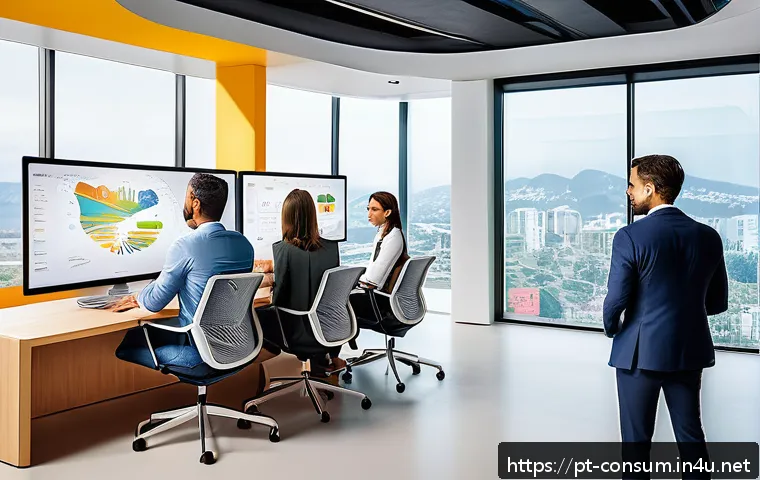 소비자 행동 데이터를 활용한 신제품 혁신 전략 연구와 분석 - A modern corporate office environment with diverse professionals collaborating around a large digita...