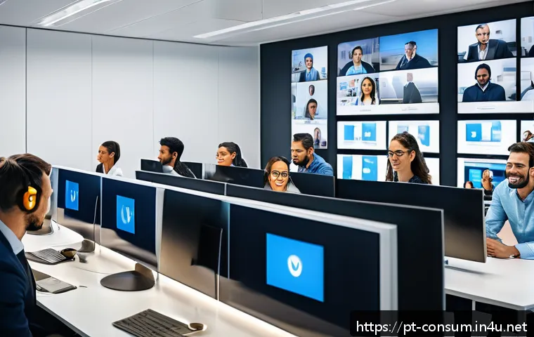 소비자 불만 처리 역량 강화 훈련 - A modern customer service office scene showing a diverse team of professionals attentively listening...