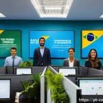 Home 18 소비자 불만 처리 매뉴얼 작성 프로세스 - A modern Brazilian customer service center scene showing a diverse team of attentive agents actively...