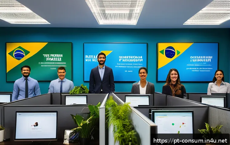 소비자 불만 처리 매뉴얼 작성 프로세스 - A modern Brazilian customer service center scene showing a diverse team of attentive agents actively...