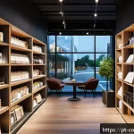 Home 23 소비자 심리학 기본 개념 - A cozy, upscale boutique store interior bathed in warm, soft lighting with neatly arranged shelves s...