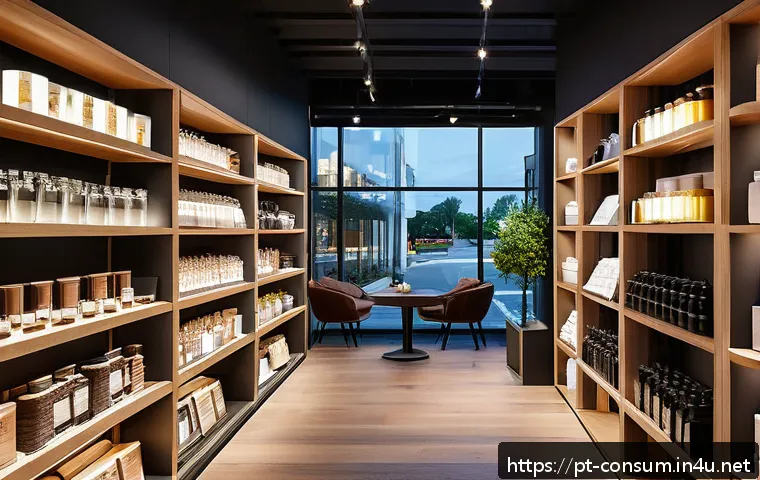소비자 심리학 기본 개념 - A cozy, upscale boutique store interior bathed in warm, soft lighting with neatly arranged shelves s...