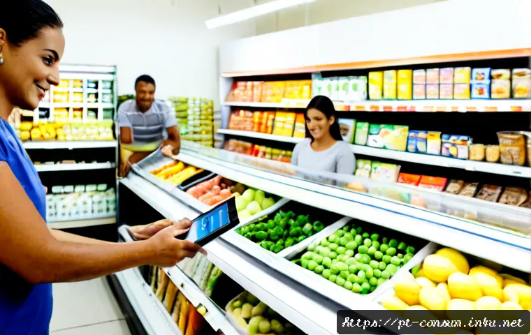 소비자 행동 데이터와 관련된 비즈니스 성공 사례 - Photorealistic Brazilian neighborhood grocery store success story, a friendly shop owner reviewing s...